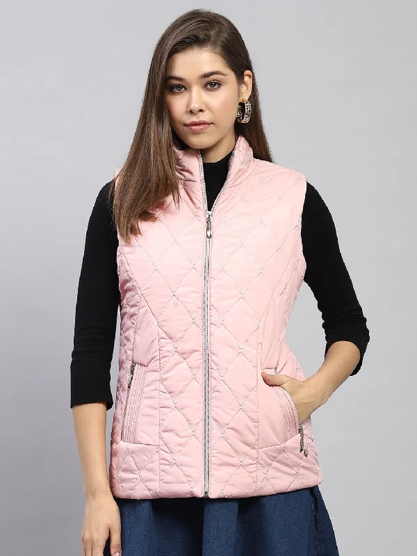 Women's Everyday Attire Women Pink Embroidered Mock Neck Sleeveless Jacket