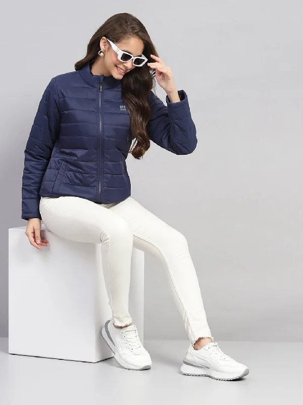 Women's Clothing For Outdoor Activities Women Navy Blue Solid Mock Neck Full Sleeve Jacket