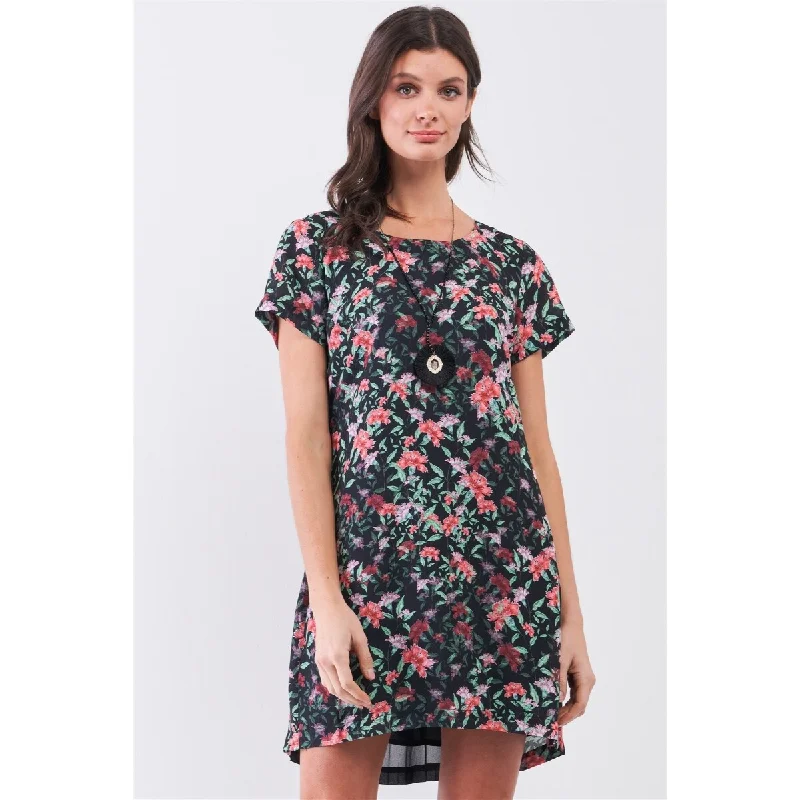 Women's Clothing For Outdoor Activities Black Multicolor Floral Print Mini Dress with Pleated Back Detail