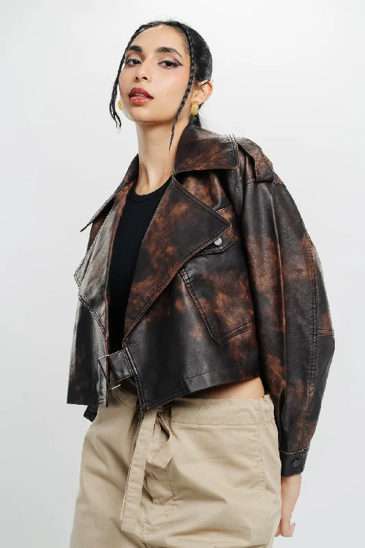 Women's Vintage-Inspired Outfit Acid Wash Biker Jacket