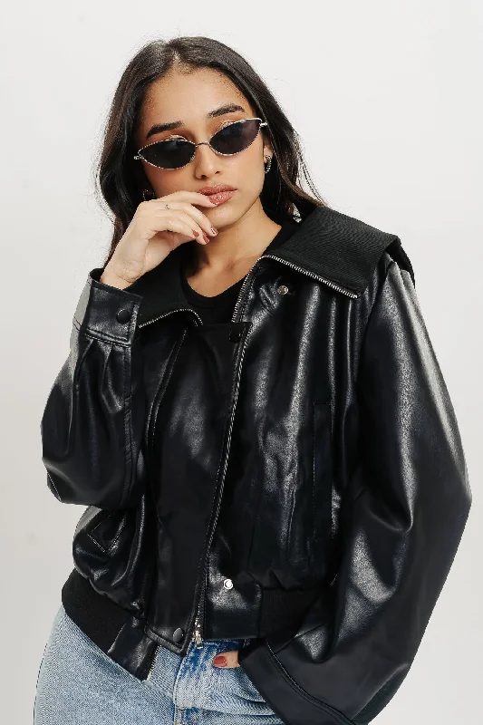 Women's Weekend Outfit Ribbed Collar - Biker Leather Jacket