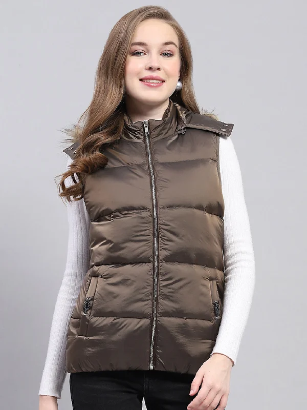 Women's Outfit Women Brown Solid Detachable Hood Sleeveless Jacket