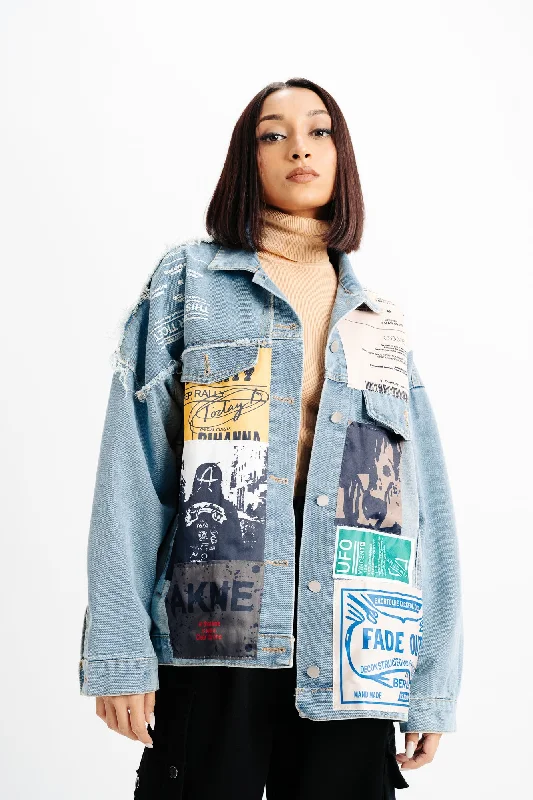 Elegant Women's Attire Patch Printed Blue Denim Jacket