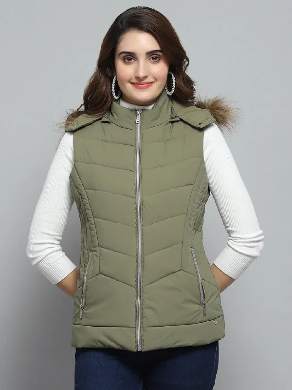 High-Fashion Women's Clothing Women Green Solid Detachable Hood Sleeveless Jacket