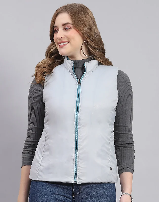 Women's Plus-Size Clothes Women Teal Blue Solid Stand Collar Sleeveless Jacket