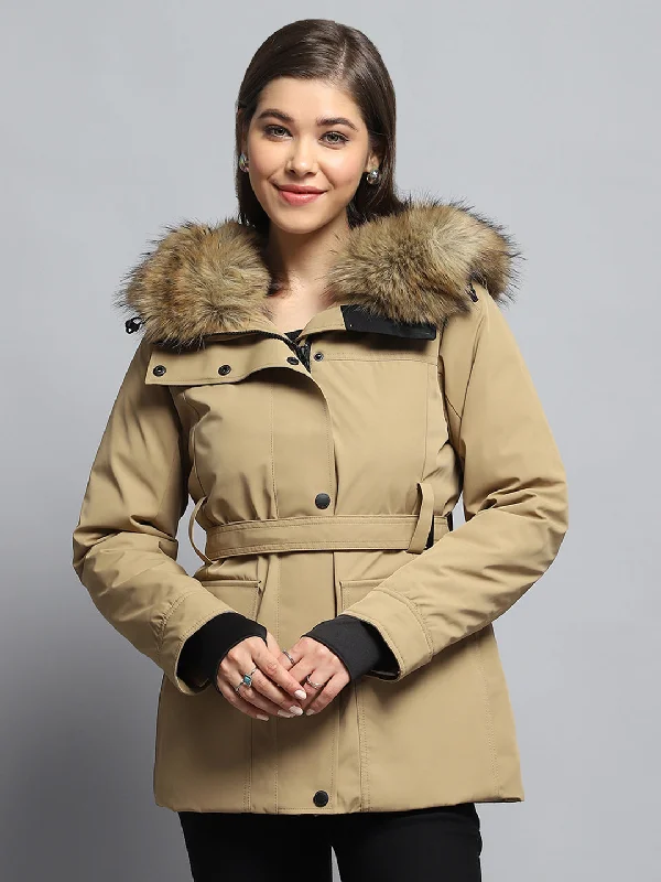 Women's Formal Clothes Women Khaki Solid Hooded Full Sleeve Jacket