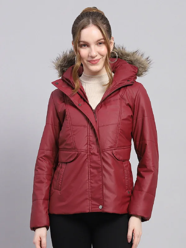 Women's Clothes For Work Women Maroon Solid Hooded Full Sleeve Jacket