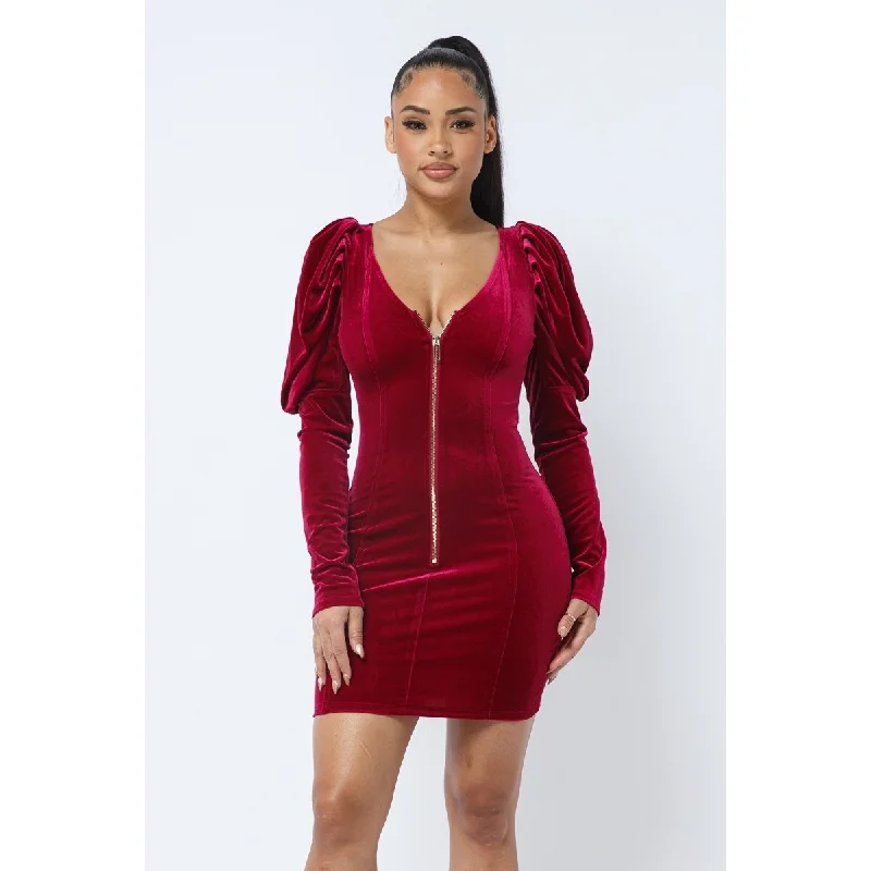 Women's Plus-Size Clothes Soft Velvet Pleated Puff Sleeve Low V Neck Front And Back Mini Dress