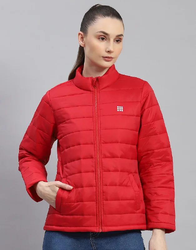 Women's Contemporary Apparel Women Red Solid Stand Collar Full Sleeve Jacket