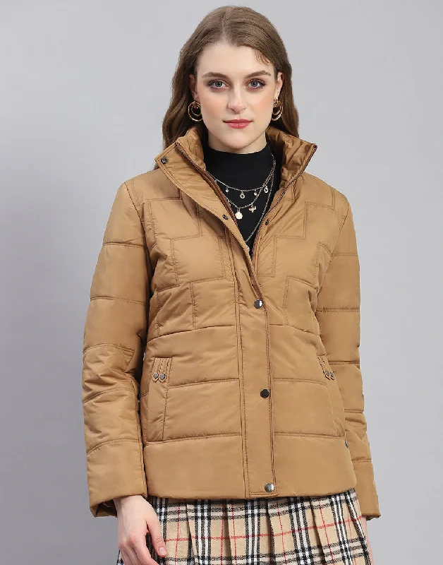 Women's Clothing For Outdoor Events Women Brown Solid Stand Collar Full Sleeve Jacket