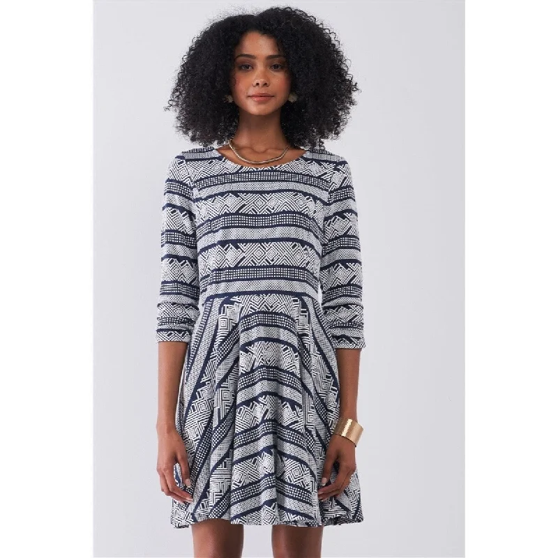 Women's Cozy Clothes Navy-White Multi Print A-Line Mini Dress with Round Neck