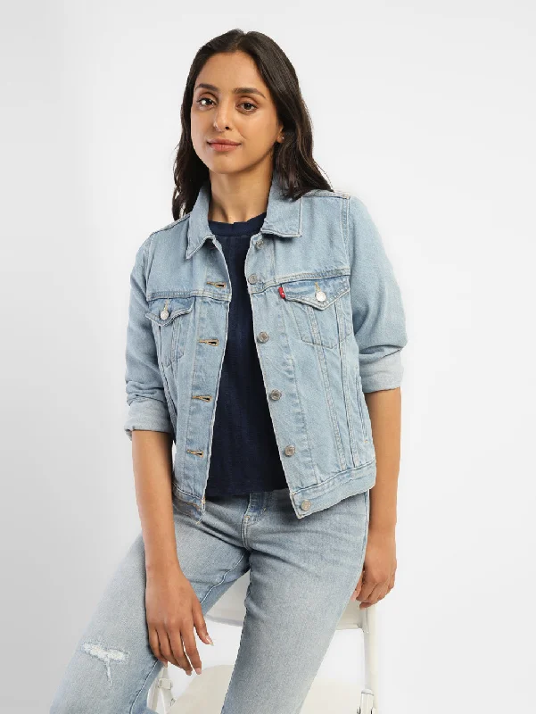 Women's Chic Outfit Women's Solid Blue Spread Collar Denim Jacket