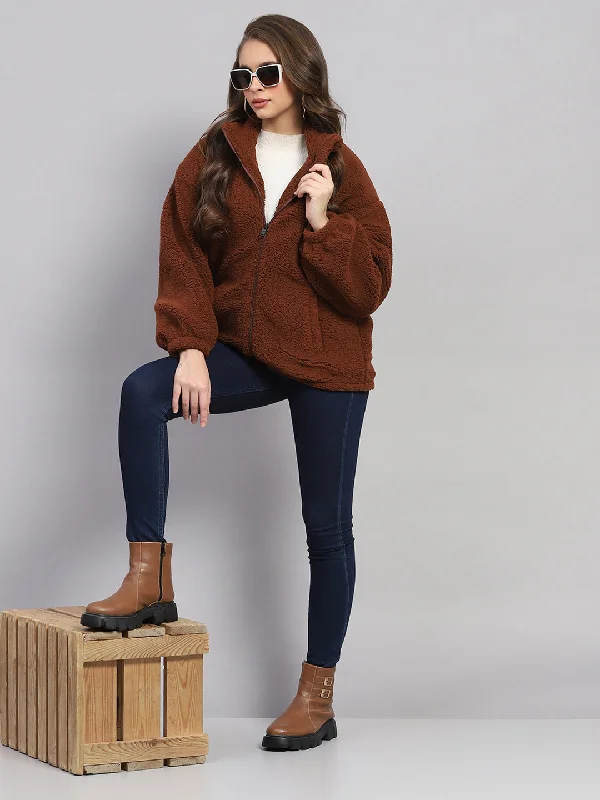 Women's Party Clothes Women Rust Solid Mock Neck Full Sleeve Jacket