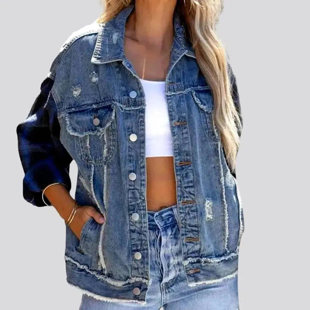 Women's Outerwear Attire Light-wash distressed jean jacket for ladies