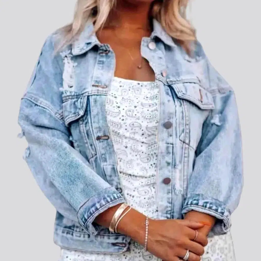 Women's High-Fashion Clothes Distressed light-wash jean jacket