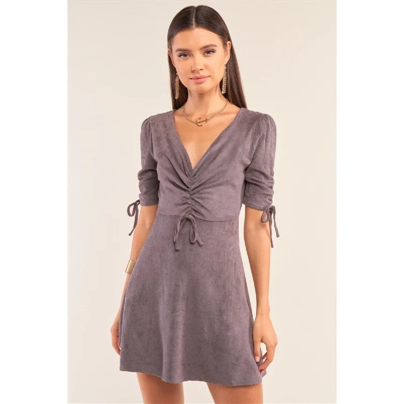 Women's Seasonal Clothes Charcoal Polyester Mini Dress with V-Neck Gathered Detail Tight Fit