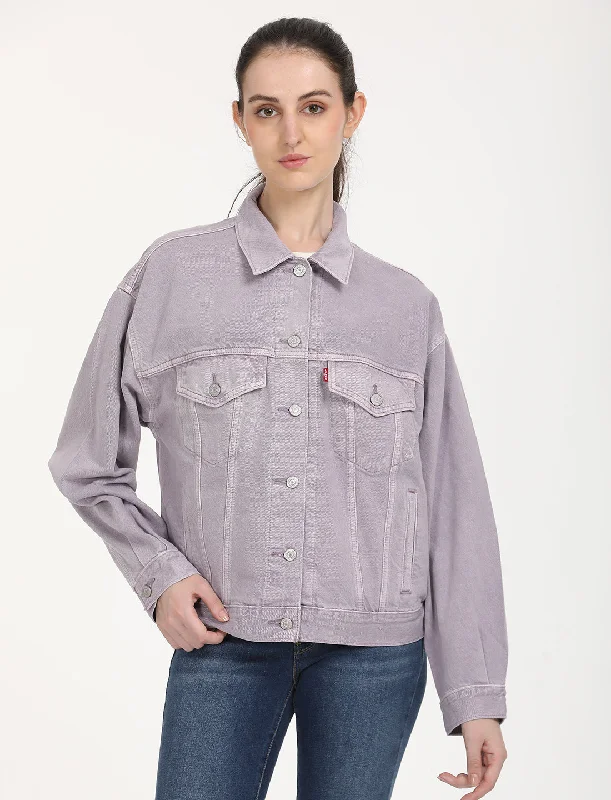 Women's Seasonal Attire Women's Solid Purple Spread Collar Trucker Jacket