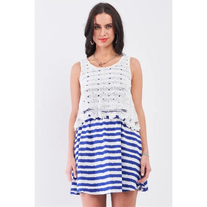 Modern Women's Clothes White-Navy Polyester Mini Dress With Floral Embroidery Layered Top