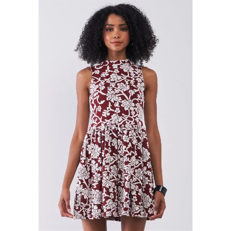 Women's Clothes For Outdoor Events Burgundy Floral Fitted Mini Dress with Crew Neck Sleeveless