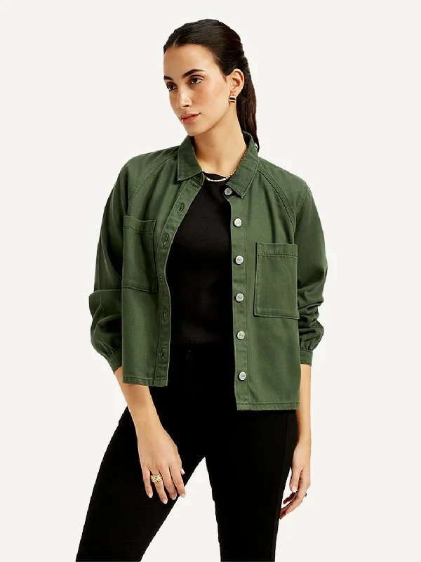 Women's Vacation Outfit Women's Solid Olive Spread Collar Jacket