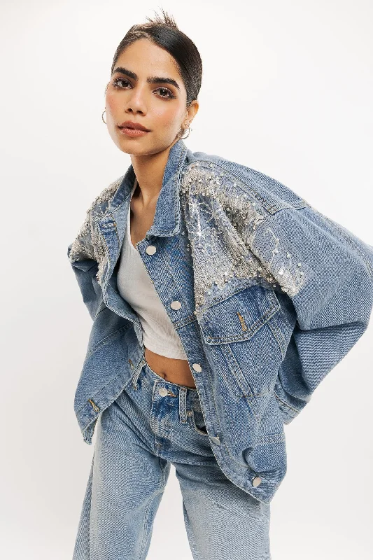 Women's High-Fashion Attire 70's Lace Top Denim Jacket