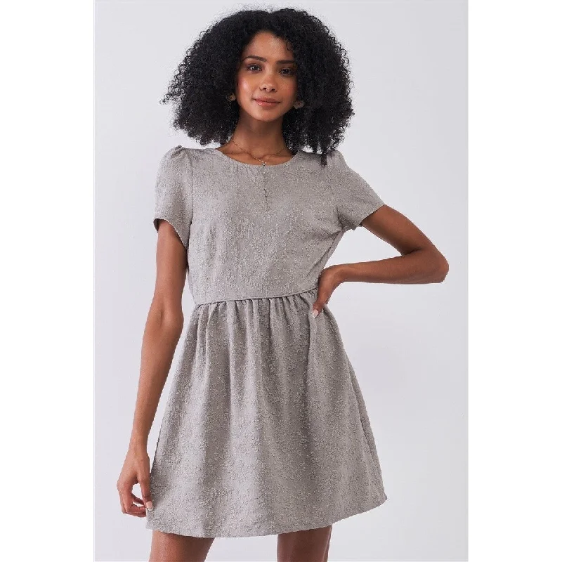 Charming Women's Clothes For Special Events Silver-Grey Floral Mini Dress With Round Neck and Short Sleeve