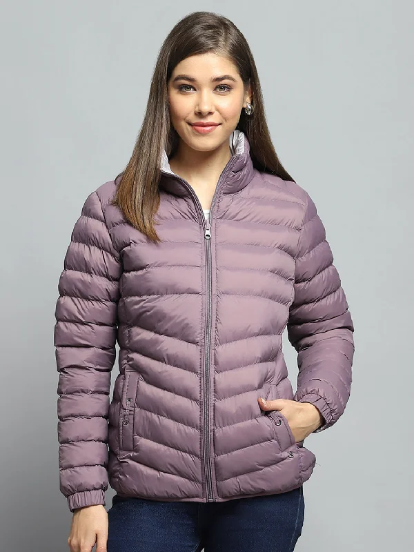 Women's Transitional Apparel Women Purple Solid Mock Neck Full Sleeve Reversible Jacket